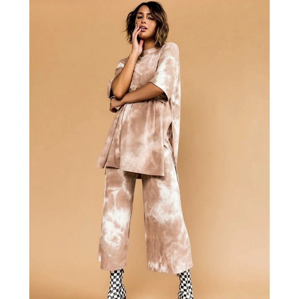 Dressed in LALA Beige Tie-Dye Cropped Set